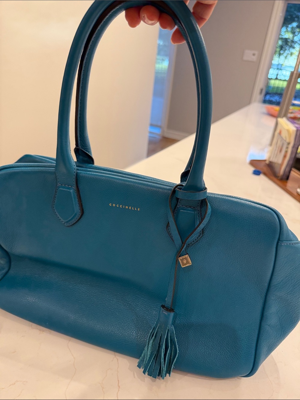 Coccinelle Teal Leather Satchel with Tassel